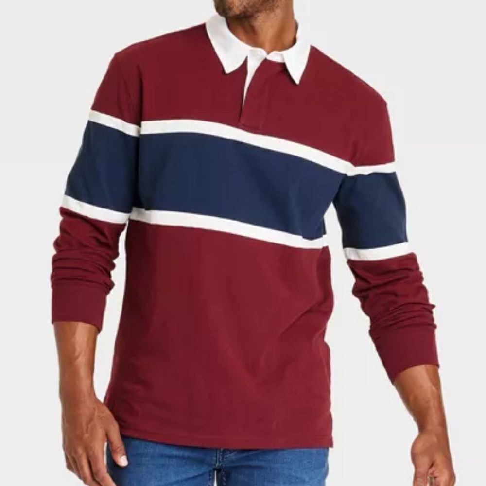 KingSize Men's Burgundy Long Sleeve Rugby Polo Shirt